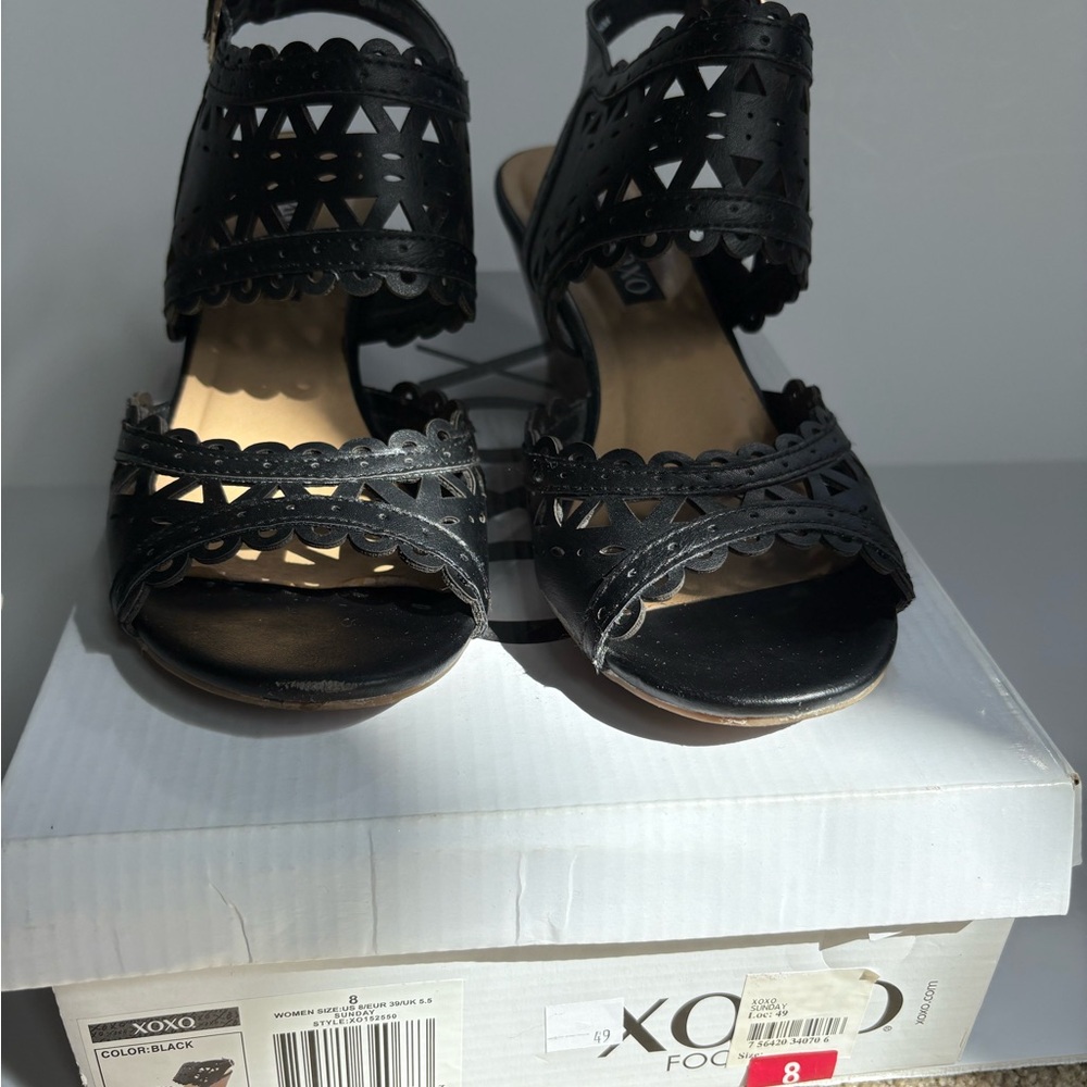 XOXO Black Laser-Cut Scalloped Strap Heels